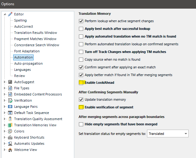 Trados Studio Options menu with 'Enable LookAhead' and 'Enable verification of segment' options unchecked to improve speed.