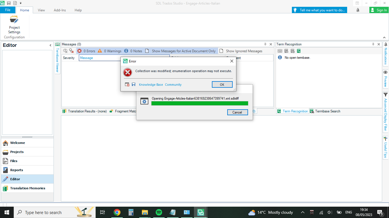 Error message in Trados Studio stating 'Collection was modified; enumeration operation may not execute.' with an 'OK' button, while a file is opening in the background.
