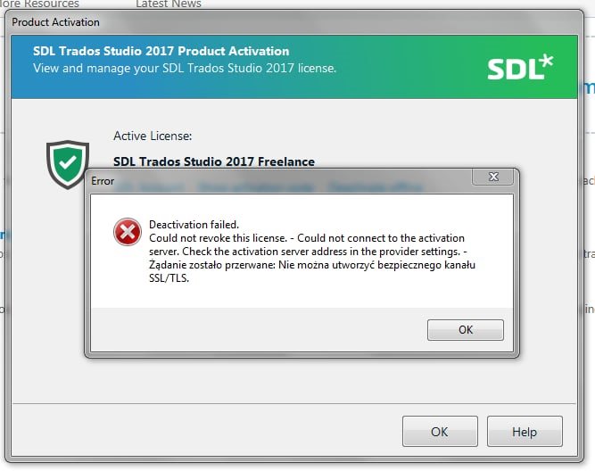 SDL Trados Studio 2017 Product Activation window showing an error message for SDL Trados Studio 2017 Freelance license deactivation failed due to inability to connect to the activation server and create an SSLTLS secure channel.