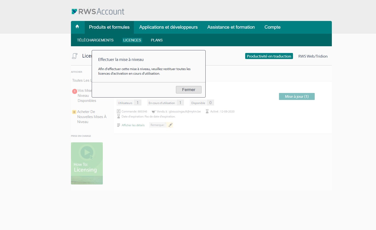 RWS Account page showing a warning message to return all activation licenses in use before upgrading, with 1 license in use and 0 available.