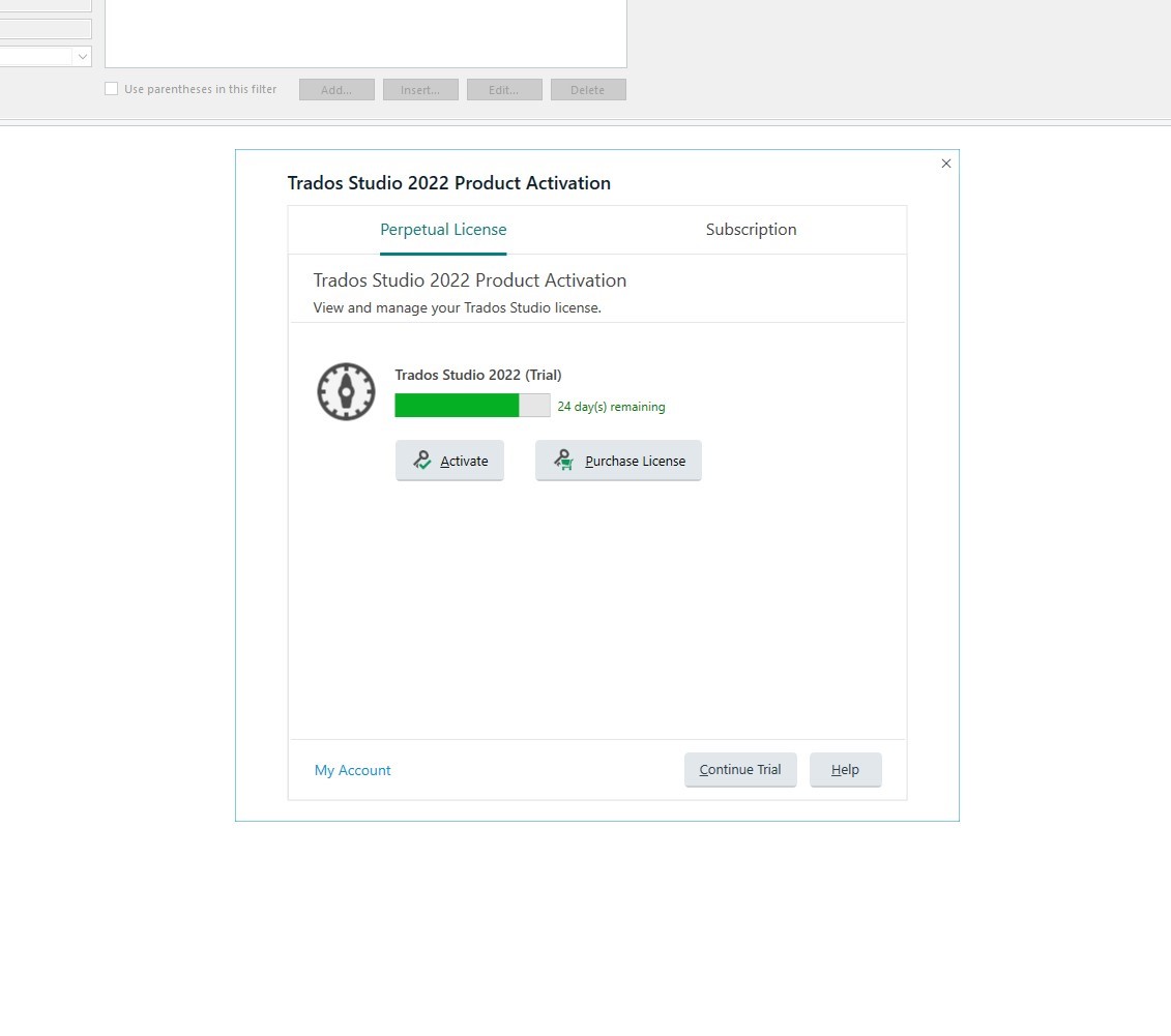 Trados Studio 2022 Product Activation window with options to activate or purchase a license, showing 24 days remaining on the trial version.