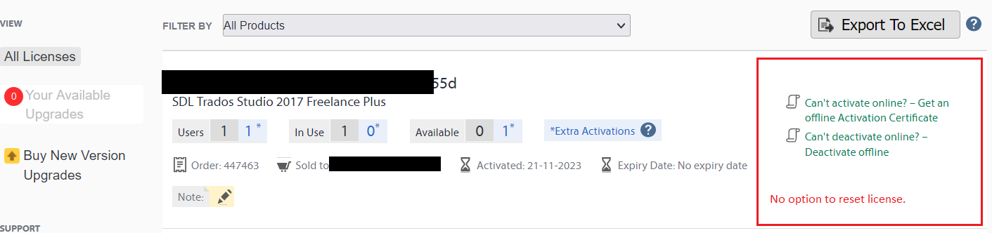 User's SDL account showing one license of SDL Trados Studio 2017 Freelance Plus in use with no available licenses and no option to reset license.