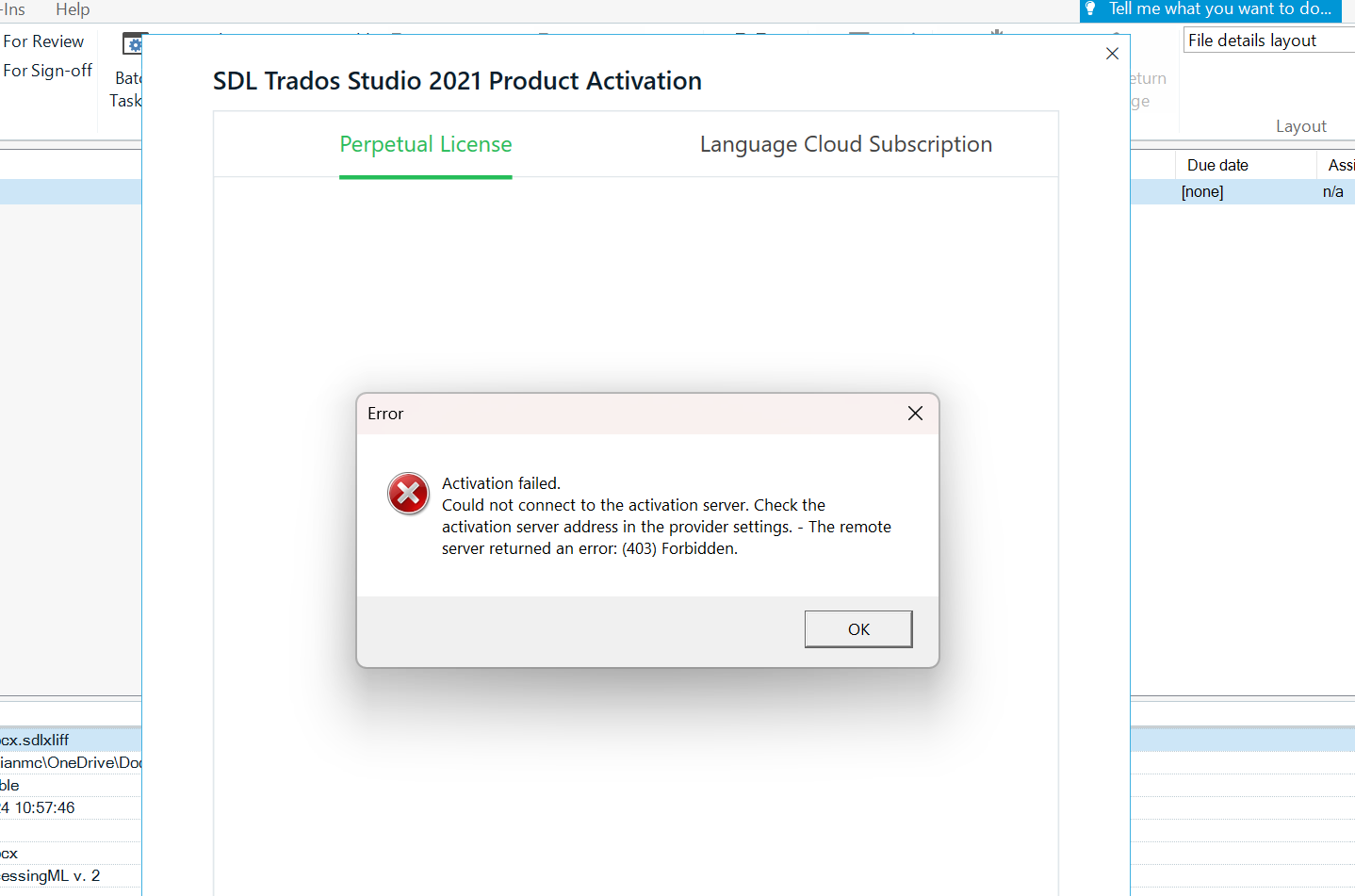 SDL Trados Studio 2021 Product Activation window with an error message stating 'Activation failed. Could not connect to the activation server. Check the activation server address in the provider settings. - The remote server returned an error: (403) Forbidden.'