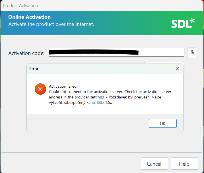 Screenshot of an online activation error message for SDL product stating 'Activation failed. Could not connect to the activation server. Check the activation server address in the provider settings.'