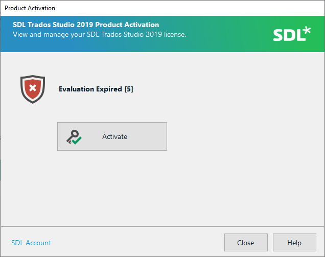 SDL Trados Studio 2019 Product Activation window with an error 'Evaluation Expired 5' and an Activate button available.