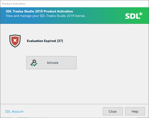 SDL Trados Studio 2019 Product Activation window displaying 'Evaluation Expired 37' error with an Activate button.