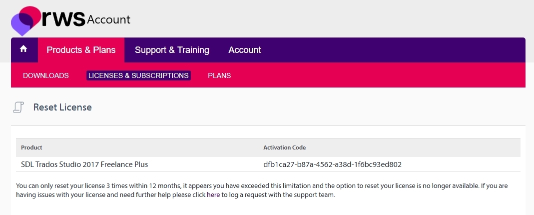 RWS Account page showing the 'Licenses & Subscriptions' tab under 'Products & Plans'. A message states that the license for SDL Trados Studio 2017 Freelance Plus cannot be reset anymore.