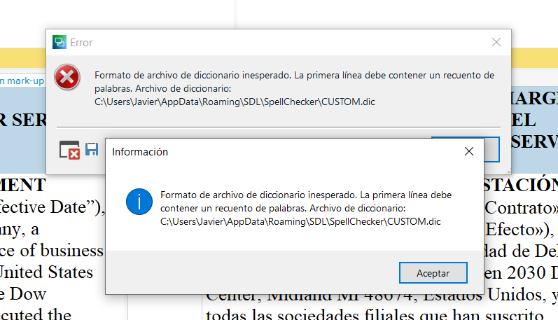 Error message in Trados Studio stating 'Unexpected dictionary file format. The first line must contain a word count. Dictionary file: C:UsersJavierAppDataRoamingSDLSpellCheckerCUSTOM.dic'.