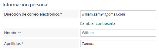Personal information section in Trados Studio showing email address as william.zam94@gmail.com, and fields for name and surname filled as William and Zamora respectively.