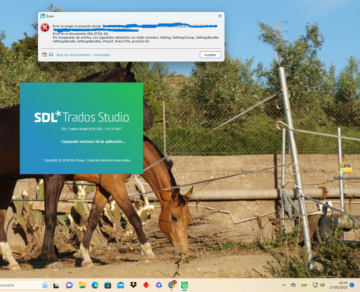 Error message on Trados Studio 2019 stating 'Error al cargar el proyecto desde D:xxxxxxx. Error en el documento XML (5704, 63). Fin inesperado de archivo.' with a list of unclosed elements.