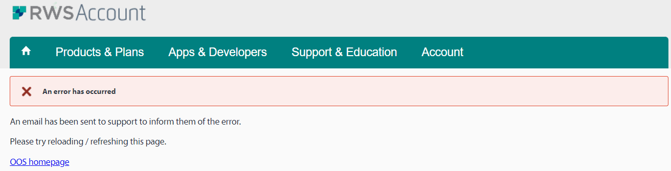 Screenshot of Trados Studio error message stating 'An error has occurred' with instructions to reload the page and a link to the OOS homepage.