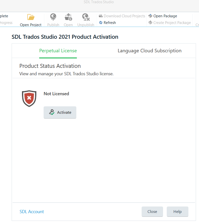 SDL Trados Studio 2021 Product Activation window showing 'Not Licensed' error with an 'Activate' button below.