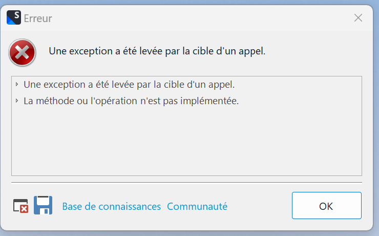 Error dialog box in Trados Studio displaying a message in French that translates to 'An exception was thrown by the target of a call. The method or operation is not implemented.' with options for Knowledge Base and Community.