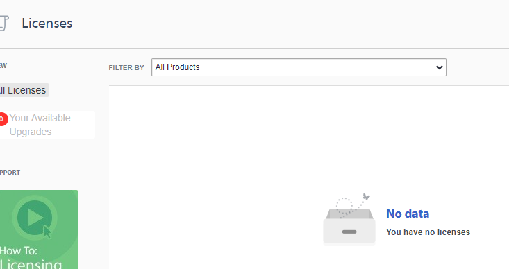 Screenshot of RWS account license page showing 'No data' with a message 'You have no licenses' under the Licenses tab.