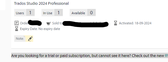 Trados Studio 2024 Professional license management screen showing 1 user, 1 in use, 0 available, order details redacted, activated until 18-09-2024, no expiry date.