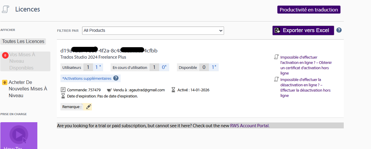 License management page showing Trados Studio 2024 Freelance Plus license details, including activation status, expiration date, and options for offline activation or deactivation.