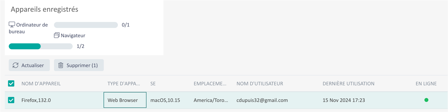 Screenshot of a licensing and device management page in French, showing one registered device, a web browser on macOS 10.15, last used 15 Nov 2024.