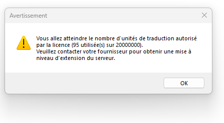 Warning message in Trados Studio indicating nearing the limit of translation units allowed by the license, with 95 units used out of 2000000.