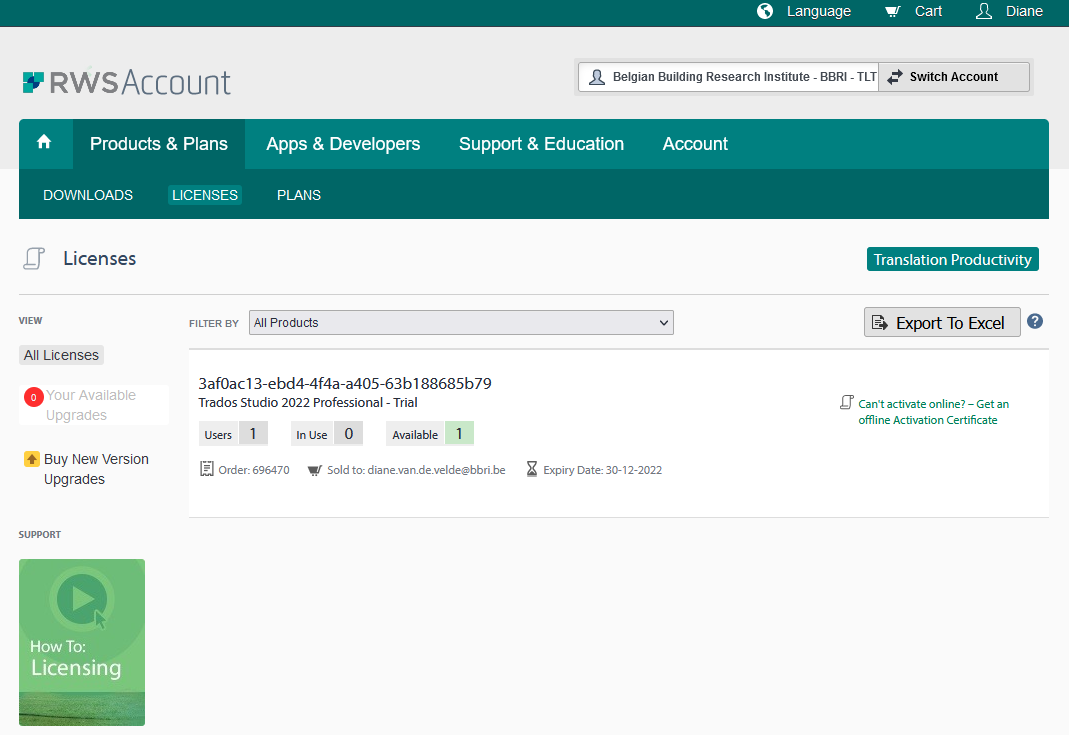 RWS Account Licenses tab showing Trados Studio 2022 Professional - Trial with 1 available license and expiry date 30-12-2022.