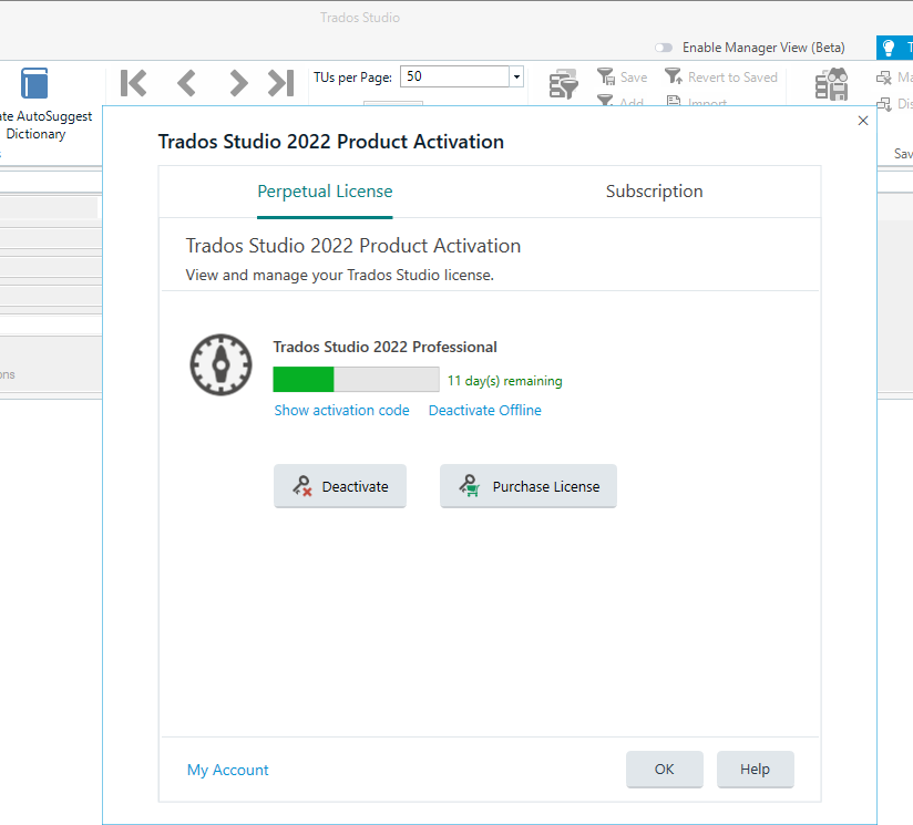 Trados Studio 2022 Product Activation window showing Trados Studio 2022 Professional with 11 days remaining and a Deactivate button.