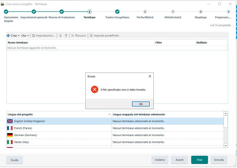 Screenshot of Trados Studio 2022 with an error message window over the Termbase step of project creation. The message reads 'Il file specificato non e stato trovato' which translates to 'The specified file could not be found'.