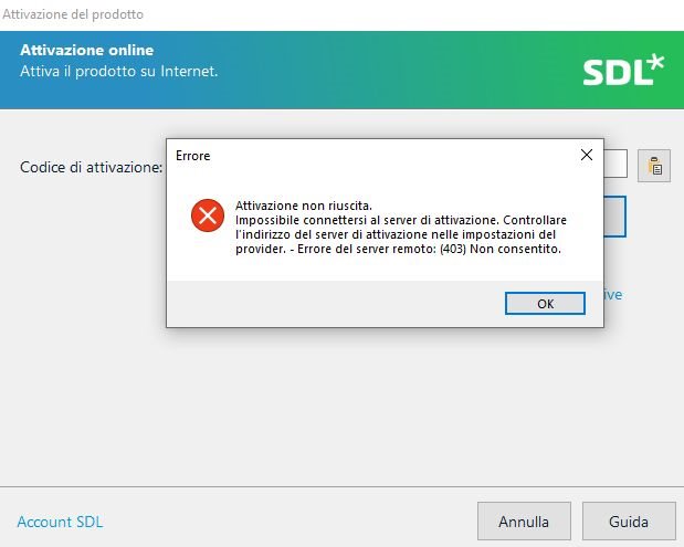 SDL Trados Studio activation window with an error message stating 'Activation failed. Impossible to connect to the activation server. Check the server address in the provider settings. Remote server error: (403) Forbidden.'