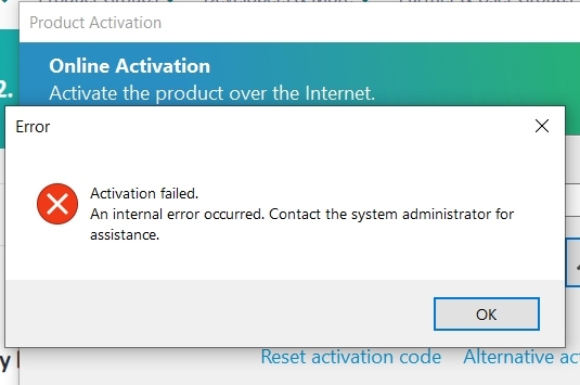 Trados Studio activation error dialog box showing 'Activation failed. An internal error occurred. Contact the system administrator for assistance' with an OK button.