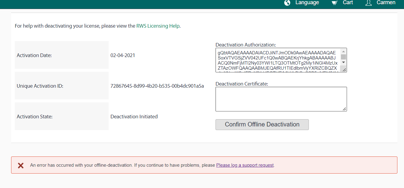 Error trying to Deactivate or reset License 2. Licensing and
