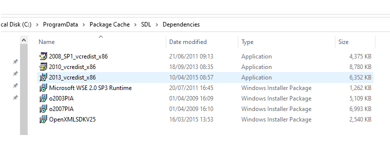 Screenshot of Trados Studio file directory showing various dependencies such as 2008_SP1_vcredist_x86, 2010_vcredist_x86, and 2013_vcredist_x86.