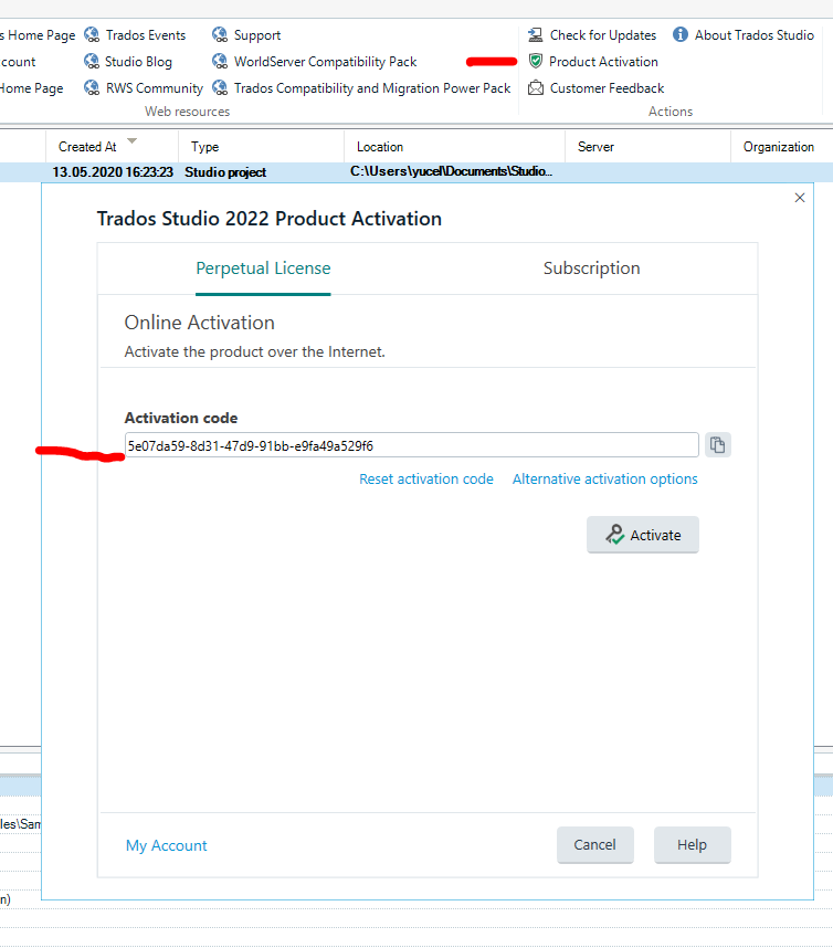 Trados Studio 2022 Product Activation window showing Perpetual License tab selected, with an activation code entered and an Activate button available.