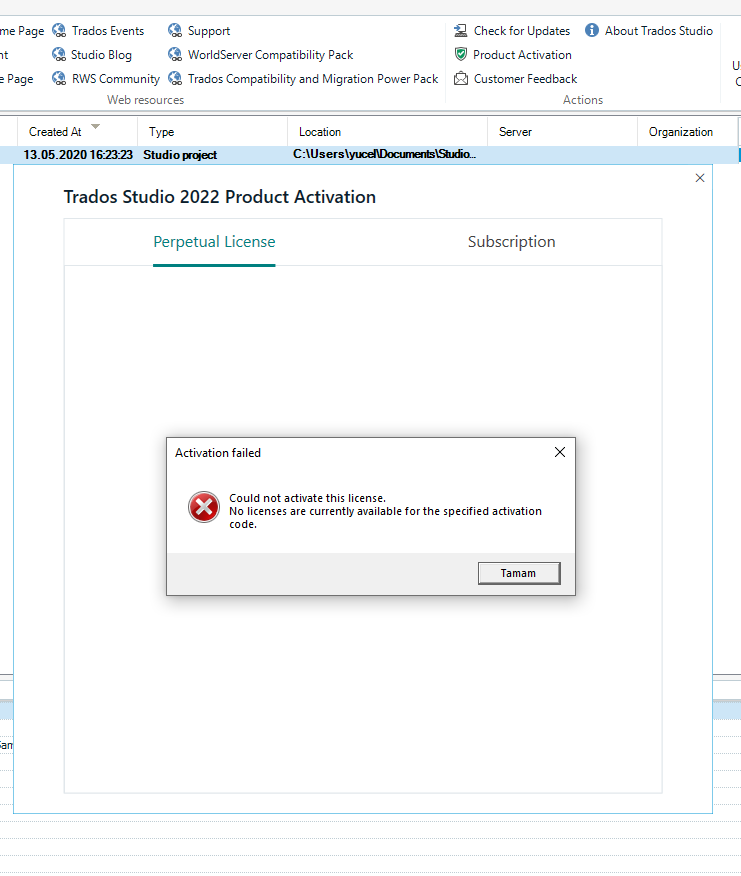 Error message window over Trados Studio activation screen stating 'Activation failed. Could not activate this license. No licenses are currently available for the specified activation code.'