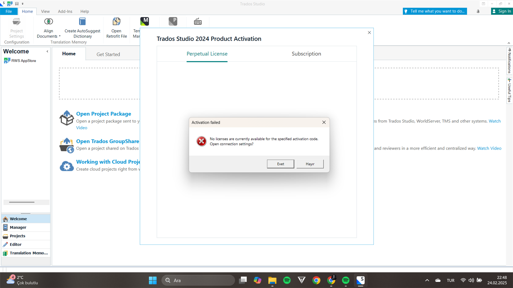 Screenshot of Trados Studio 2024 Product Activation window with an error message 'Activation failed: No licenses are currently available for the specified activation code.' with options to 'Open connection settings?' and buttons for 'Yes' and 'No'.