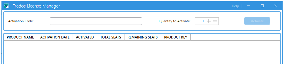 Trados License Manager window with empty fields for Activation Code, Product Name, Activation Date, Activated, Total Seats, Remaining Seats, and Product Key.