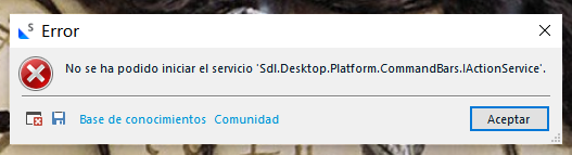 Error dialog box with a red 'X' icon indicating 'Service 'Sdl.Desktop.Platform.CommandBars.IActionService' could not be started'. Buttons for 'Knowledge Base' and 'Community' are visible, along with an 'Accept' button.