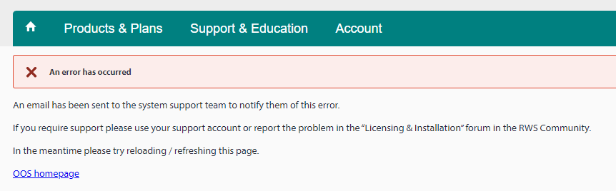 Web page error message with a red cross icon stating 'An error has occurred' and text below explaining an email has been sent to the system support team, with links to support and the homepage.