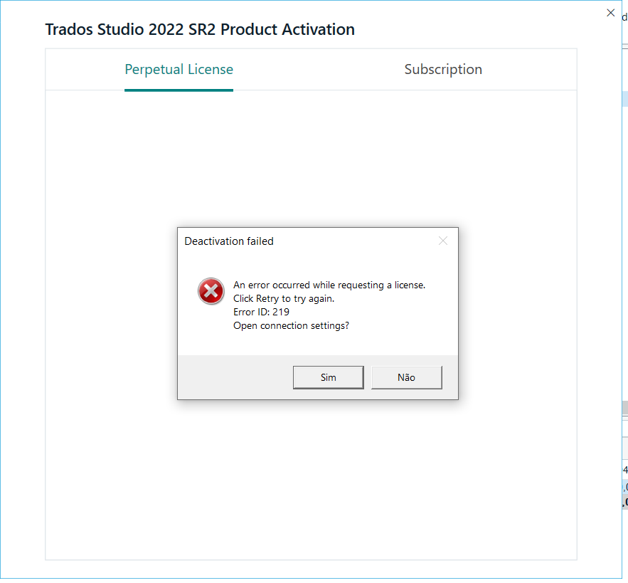 Trados Studio 2022 SR2 Product Activation window showing a 'Deactivation failed' error message with Error ID: 219 and options to Retry or open connection settings.