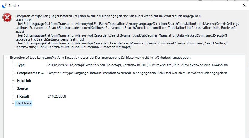 Error window displaying 'Exception of type LanguagePlatformException occurred: Der angegebene Schl ssel war nicht im W rterbuch angegeben' with stack trace details.