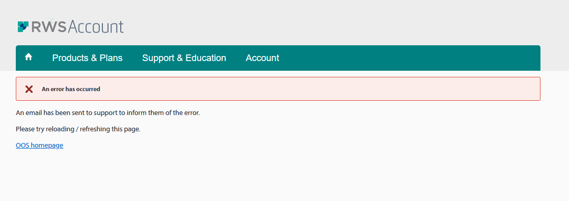 RWS Account webpage with an error message stating 'An error has occurred' and instructions to reload or refresh the page.