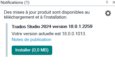 Update notification for Trados Studio 2024 version 18.0.1.2259 indicating the current version is 18.0.0.1013 with an 'Install (0,0 MB)' button, suggesting an issue with the update size.