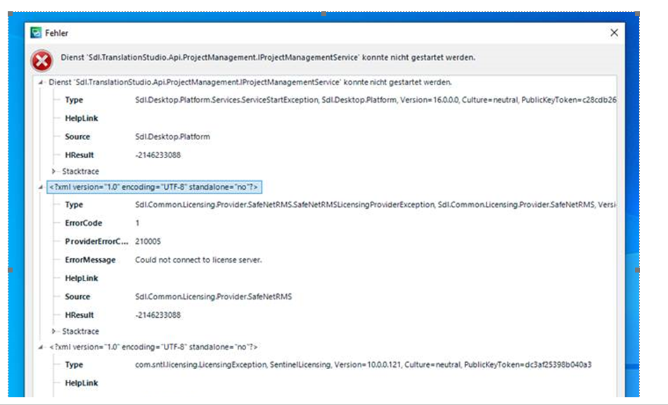 Error message in Trados Studio stating 'Sdl.TranslationStudio.Api.ProjectManagement.IProjectManagementService' could not be started and could not connect to license server with error code 210005.