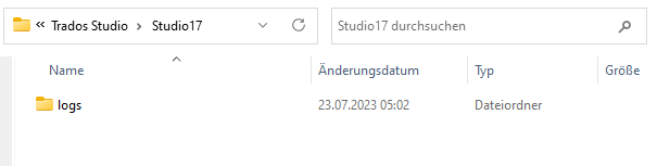 Screenshot of Trados Studio 'Studio17' folder with a subfolder named 'logs' indicating log files location.