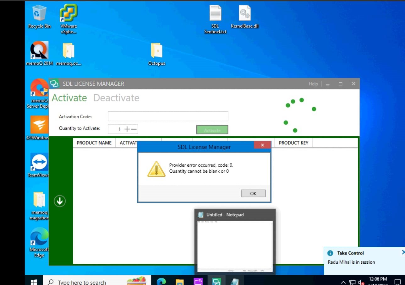 Screenshot of a Windows desktop with the SDL License Manager window open showing an activation error message. The error reads 'Provider error occurred, code: 0. Quantity cannot be blank or 0.'