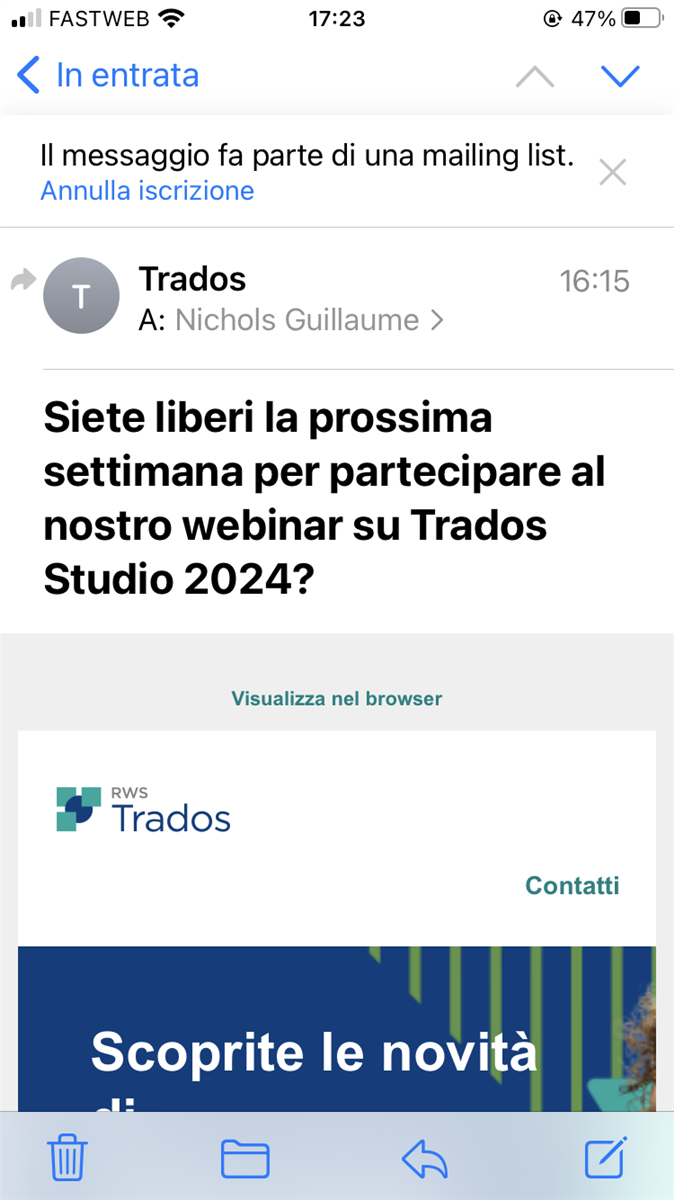 Email screenshot showing an inbox with a message from Trados, subject 'Siete liberi la prossima settimana per partecipare al nostro webinar su Trados Studio 2024?'