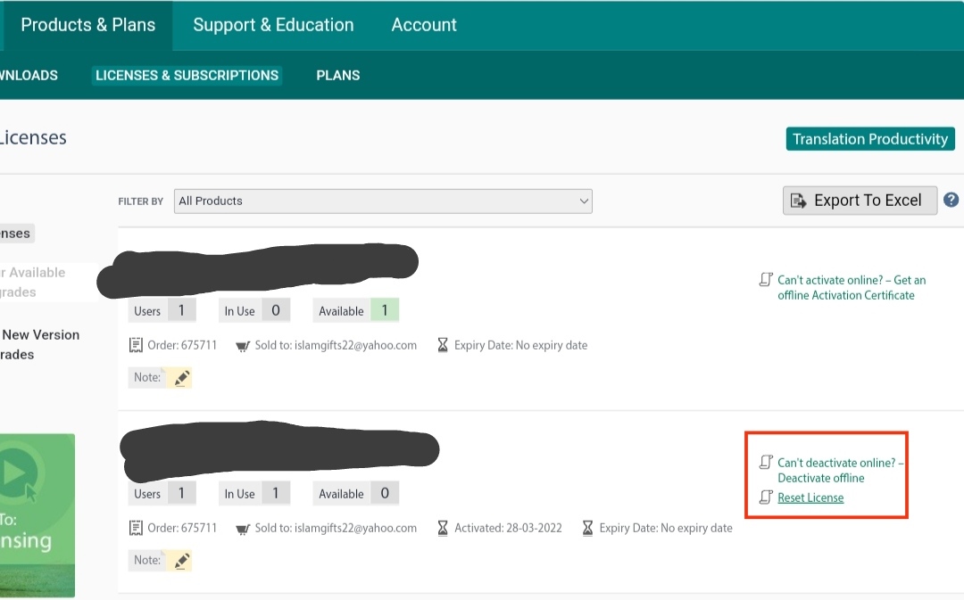Screenshot of SDL Trados license management page showing one available license and options to deactivate online, deactivate offline, and reset license highlighted.