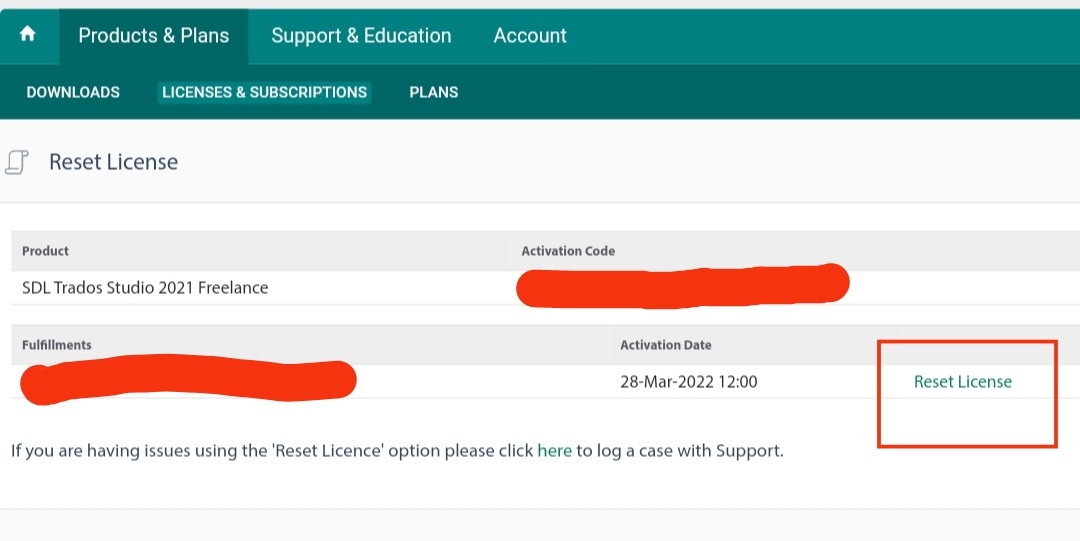 Screenshot of SDL Trados Reset License page with product name, activation code, and activation date redacted, and a Reset License button highlighted.