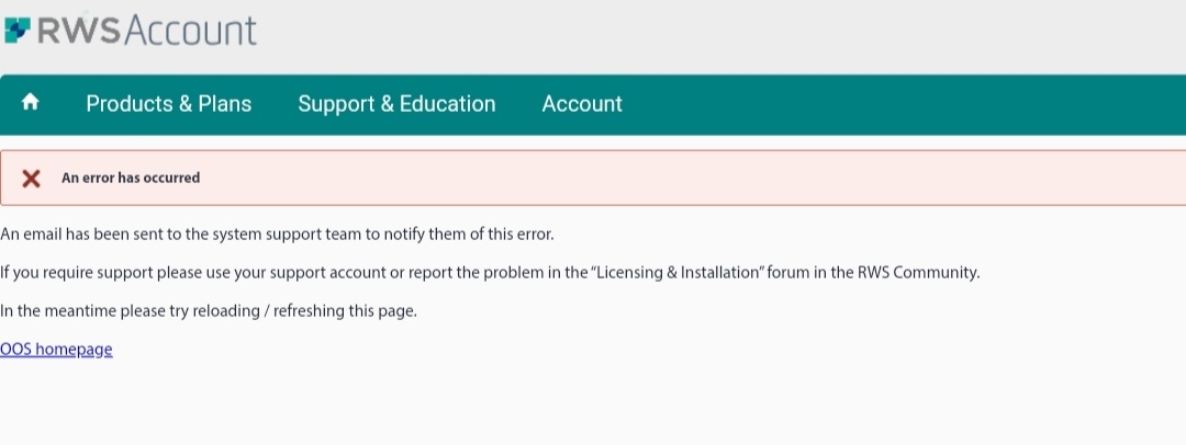 Error message on SDL Trados account page stating 'An error has occurred' with instructions to contact support or refresh the page.