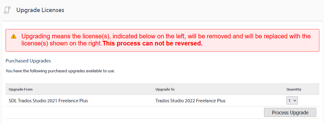 Trados Studio Upgrade Licenses page showing a warning that upgrading is irreversible, with an option to upgrade from SDL Trados Studio 2021 Freelance Plus to Trados Studio 2022 Freelance Plus.