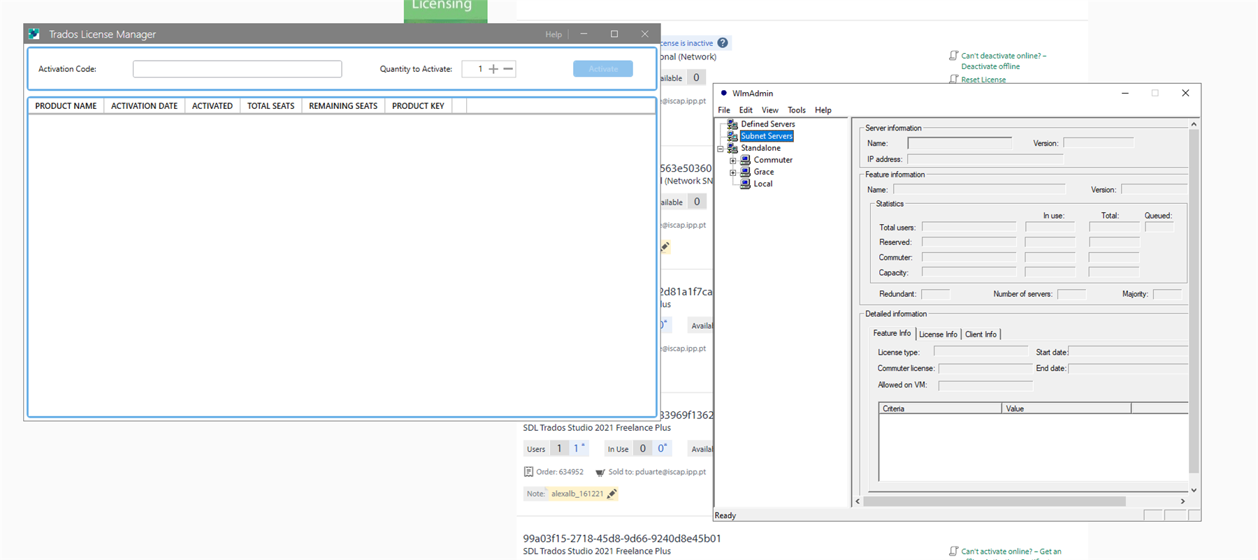 Trados License Manager with no licenses displayed and a warning message 'License is inactive' for server 'escap.ipp.pt'.