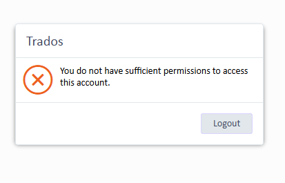 Error message in Trados stating 'You do not have sufficient permissions to access this account' with a Logout button below.
