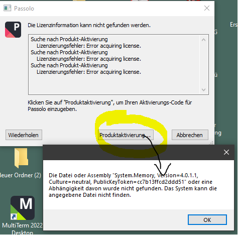 Error message in Passolo stating 'Die Lizenzinformation kann nicht gefunden werden' which translates to 'The license information cannot be found.'